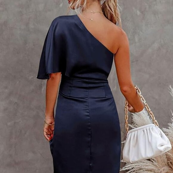 Women's Navy Satin Dress Backless One Shoulder Short Sleeves Midi Cocktail M - Picture 3 of 7